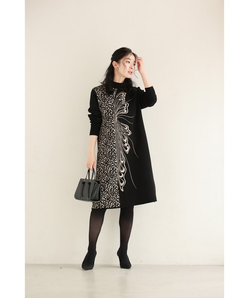 cawaii ワンピース （黒）アニマル柄とビジュー纏う蝶々のハーフニット