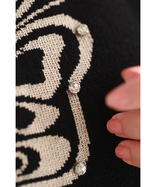 cawaii ワンピース （黒）アニマル柄とビジュー纏う蝶々のハーフニット