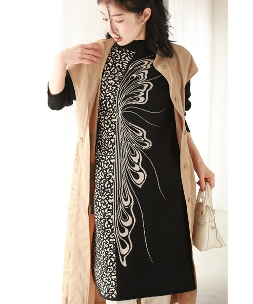 cawaii ワンピース （黒）アニマル柄とビジュー纏う蝶々のハーフニット