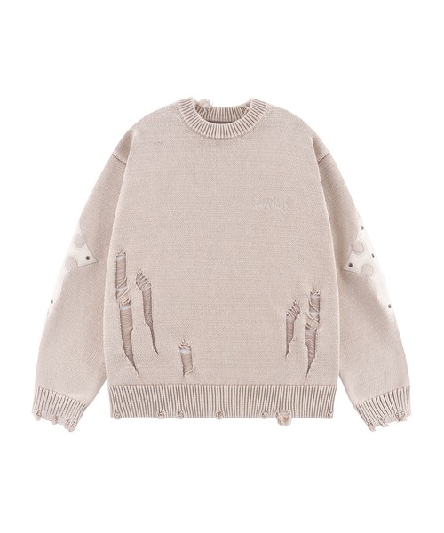 セーター ニット ニット｜Distressed Cross Leather Patch Crew Knit V2｜SUPPLIER メンズ レディース