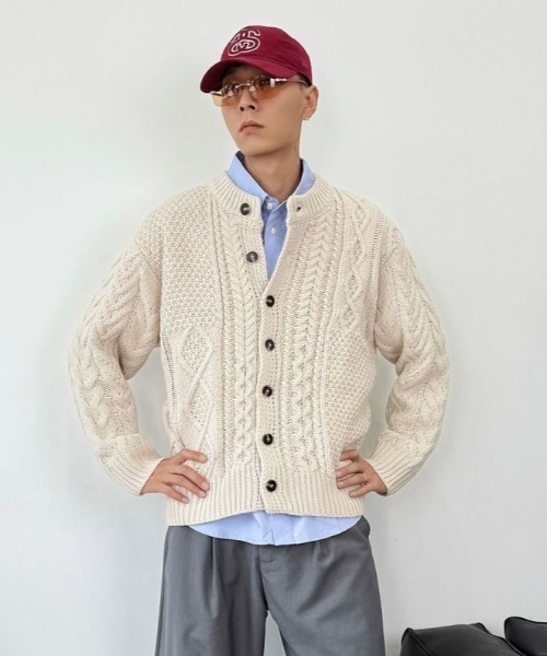 アイボリー ケーブルニット カーディガン THREE FIFTY STANDARD ケーブルニットカーディガン〈アイボリー