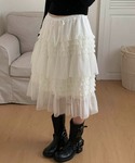 スカート ミディ丈チュールフリルティアードスカートの詳細画像2