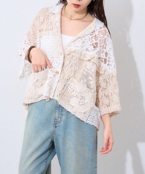 ブラウス シャツ 「etsinta/エシンタ」レースパッチワークシャツINDIA レディースの画像