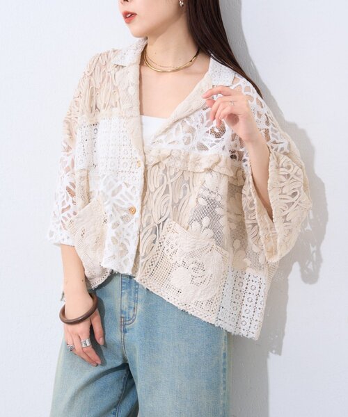 ブラウス シャツ 「etsinta/エシンタ」レースパッチワークシャツINDIA レディースの画像