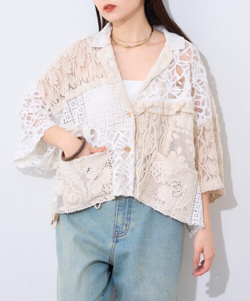 ブラウス シャツ 「etsinta/エシンタ」レースパッチワークシャツINDIA レディースの画像
