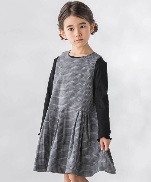 BeBe Petits Pois Vert - 前掛けスコート グレンチェックジャンパースカート キッズ お子さん服 うしろ帯