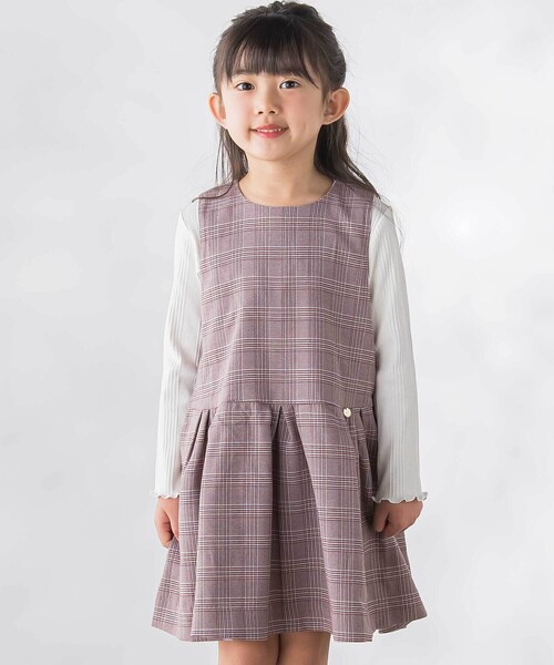 BeBe Petits Pois Vert - 前掛けスコート グレンチェックジャンパースカート キッズ お子さん服 うしろ帯
