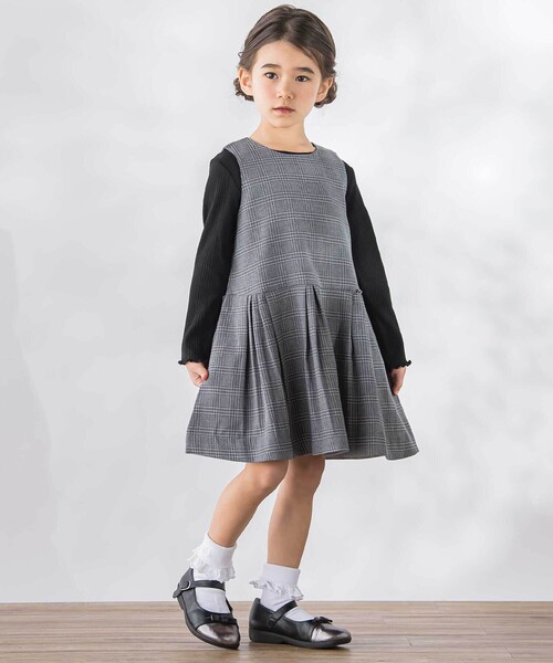 BeBe Petits Pois Vert - 前掛けスコート グレンチェックジャンパースカート キッズ お子さん服 うしろ帯