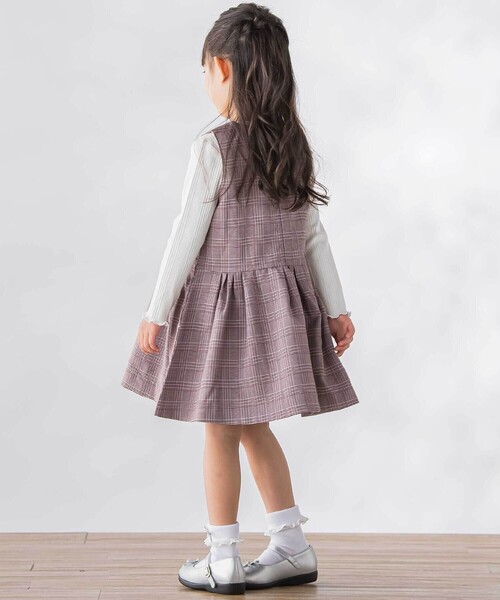 BeBe Petits Pois Vert - 前掛けスコート グレンチェックジャンパースカート キッズ お子さん服 うしろ帯