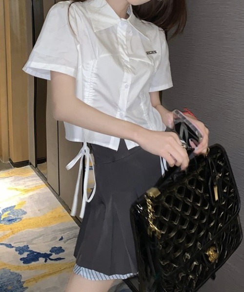 ブラウス シャツ 夏 半袖 ドロストギャザー半袖クロップドシャツ