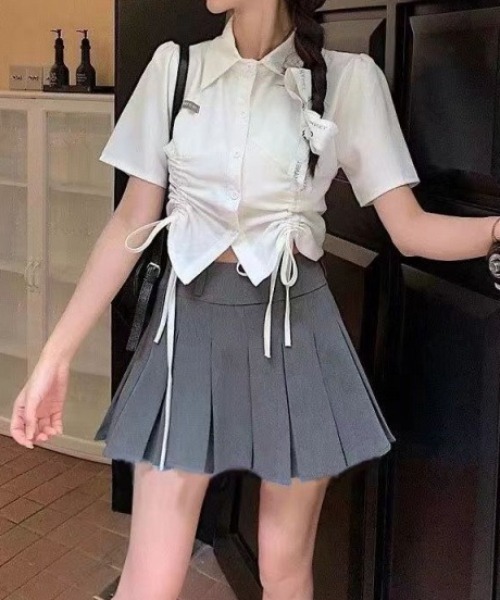 KURASHI&Trips PUBLISHING ❀ドロスト半袖シャツ ブラウス シャツ 夏 半袖 ドロストギャザー半袖クロップドシャツ
