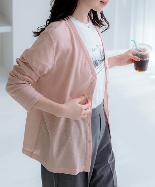 本日限定値下超美品Papas やや薄手カシミヤ98%VカーディガンパープルL BELLUNA PLUS（ベルーナプラス） カーディガン 夏 UV対策シアー