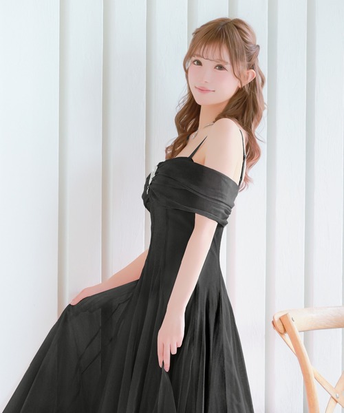 黒ドレス キャバロングドレス マキシ丈 オフショル Tika（ティカ） ドレス キャバドレス ロング フレア オフショル 肩出し