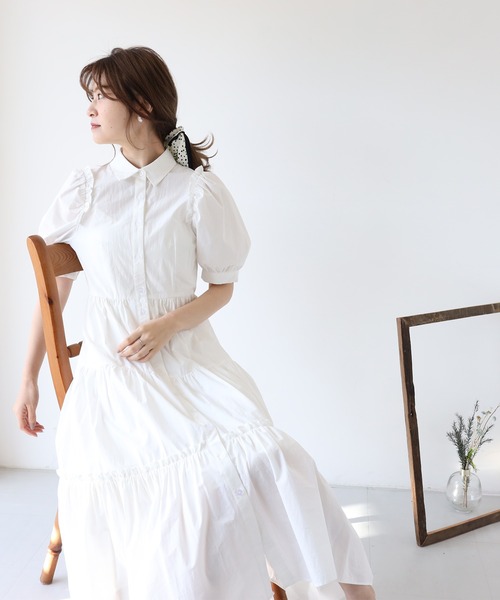 【美品】miumiu ティアード ギャザー シャツ ワンピース 38 白 one after another NICE CLAUP ワンピース ボリュームスリーブ