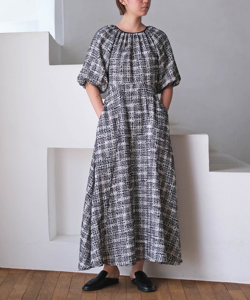 AKTE（アクテ） ワンピース ツイードオープンバックフレアワンピース