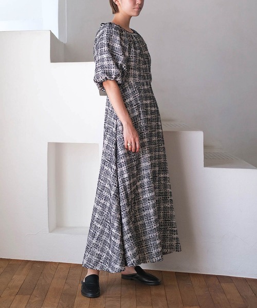 AKTE（アクテ） ワンピース ツイードオープンバックフレアワンピース