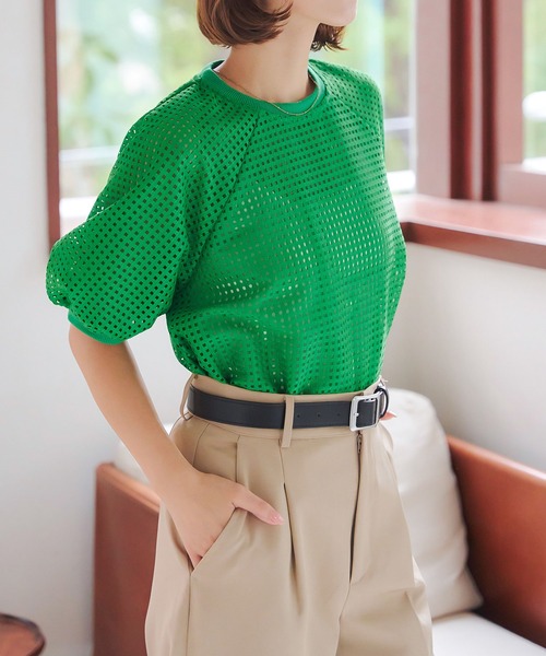 Cop Copine コップコピーヌ 切替メッシュトップス ドット・ボルドー袖