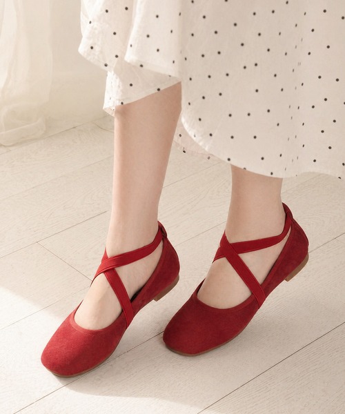 スウェードストラップバレエシューズ shoes365 バレエシューズ パンプス 「shoes365」スエード素材のクロス