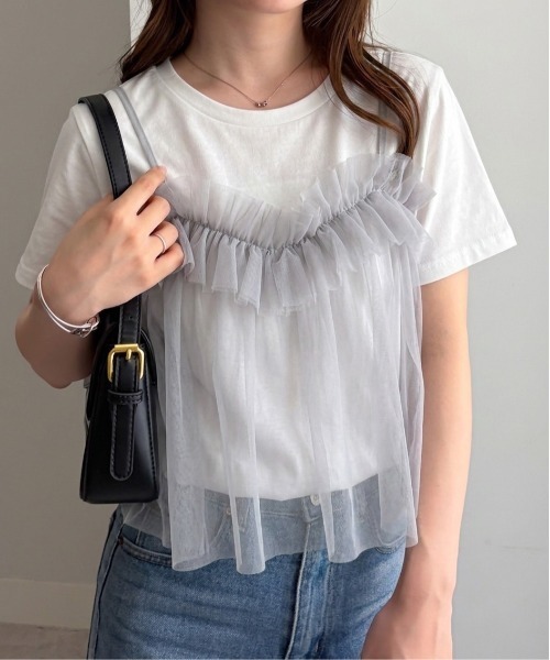 ハ*★様 lohen ローヘン チュールTシャツ グレー RANAN（ラナン） tシャツ 半袖 チュールフリルドッキングTシャツ