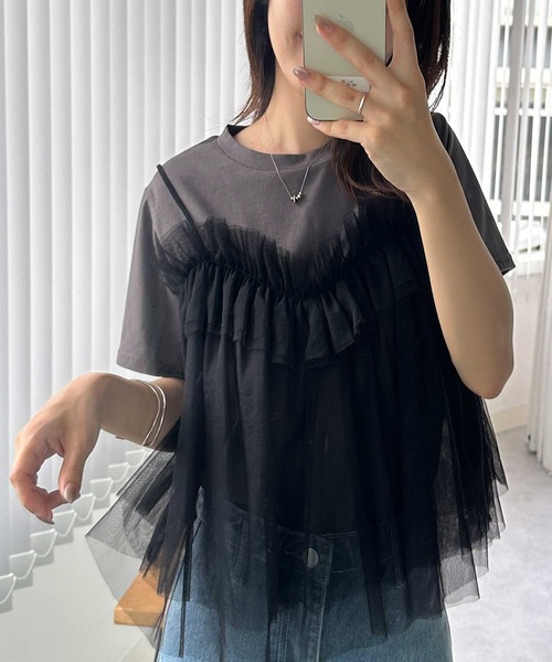 RANAN（ラナン） tシャツ 半袖 チュールフリルドッキングTシャツ