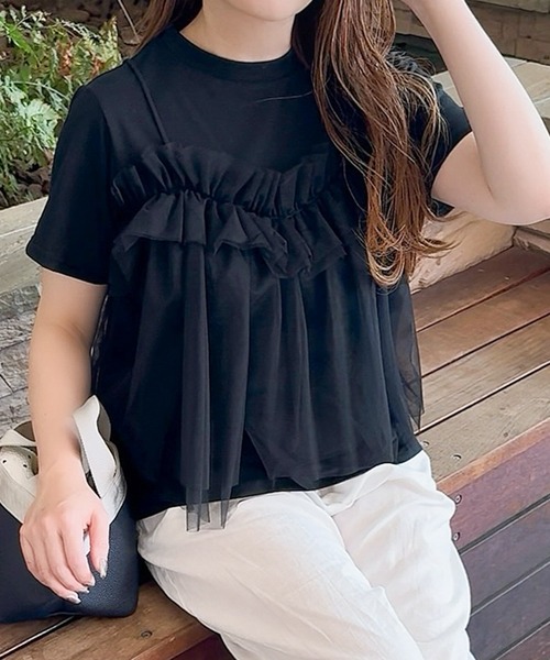 RANAN（ラナン） tシャツ 半袖 チュールフリルドッキングTシャツ