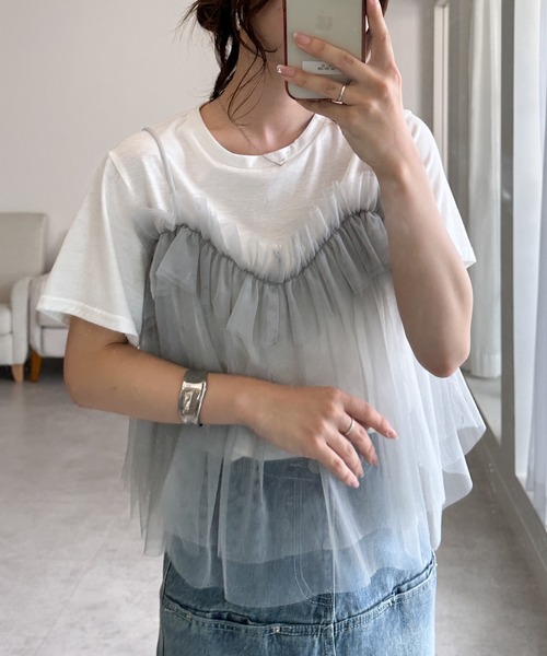 RANAN（ラナン） tシャツ チュールフリルドッキングTシャツ