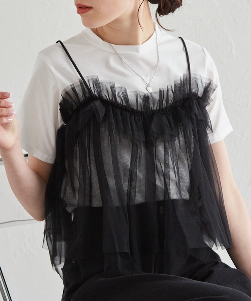 RANAN（ラナン） tシャツ 半袖 チュールフリルドッキングTシャツ