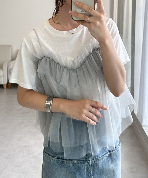 RANAN（ラナン） tシャツ 半袖 チュールフリルドッキングTシャツ