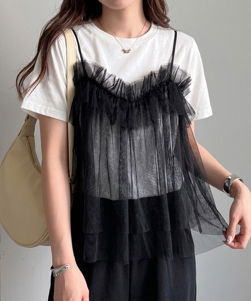 RANAN（ラナン） tシャツ 半袖 チュールフリルドッキングTシャツ