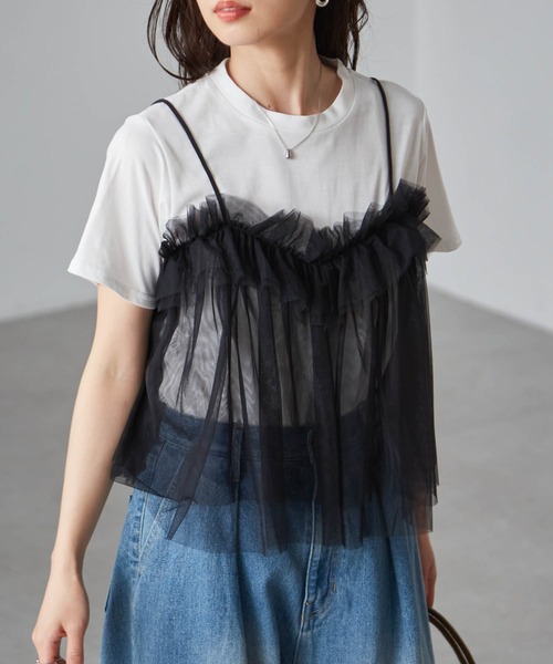 RANAN（ラナン） tシャツ 半袖 チュールフリルドッキングTシャツ