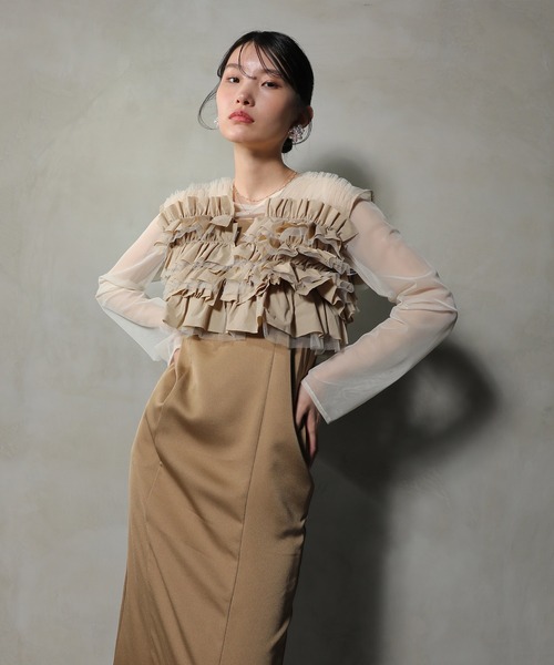 【Kana】ボリュームフリルベスト シアートップス キャミワンピ レイヤードドレ Kana ドレス ボリュームフリルベスト シアートップス キャミワンピ