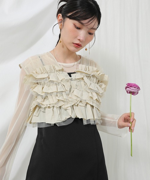 Kana ドレス ボリュームフリルベスト シアートップス キャミワンピ