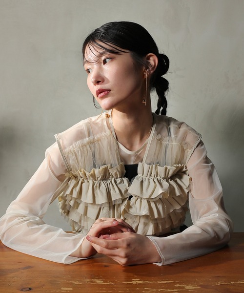 Kana ドレス ボリュームフリルベスト シアートップス キャミワンピ