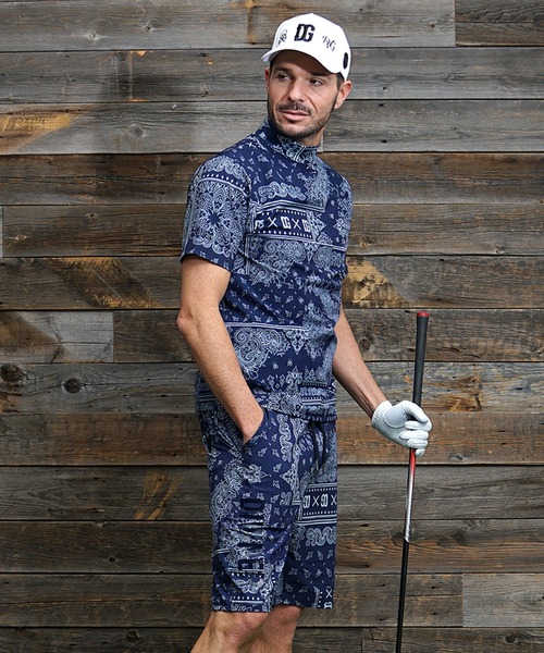 N724 DIVINER GOLF セットアップ ペイズリー ネイビー 総柄 DIVINER GOLF】ペイズリー柄ポロセットアップ メンズ ポロシャツ
