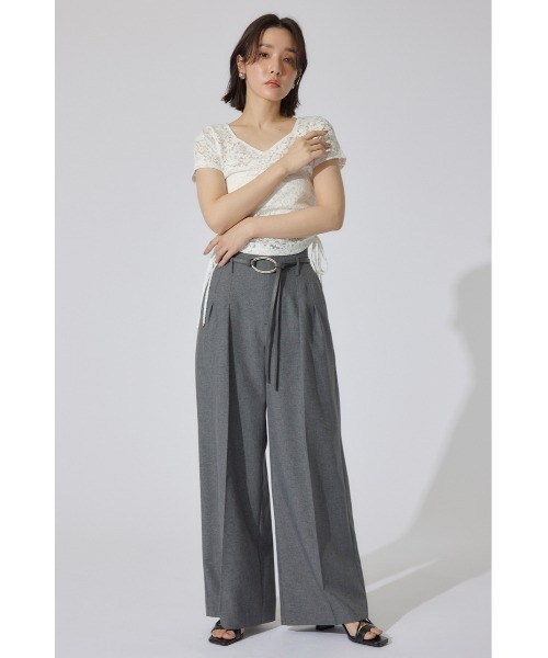 rienda スラックス パンツ リネンライクワイドタックベルト付き