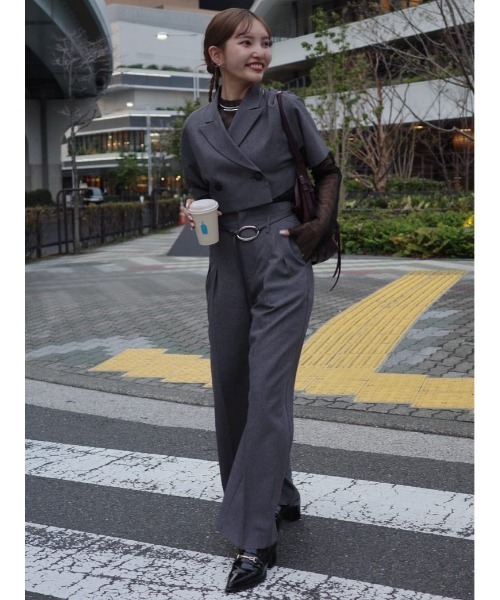 rienda スラックス パンツ リネンライクワイドタックベルト付き