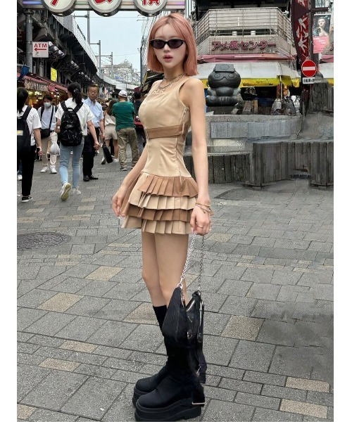 Darich ワンピース アンダーベルトプリーツミニワンピース