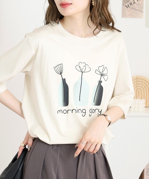 tシャツ BRODIAEA 線画フラワープリント半袖Tシャツ レディース