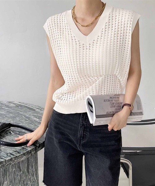 「NANEA」 Vネックニット ONESIZE ホワイト レディース_画像9