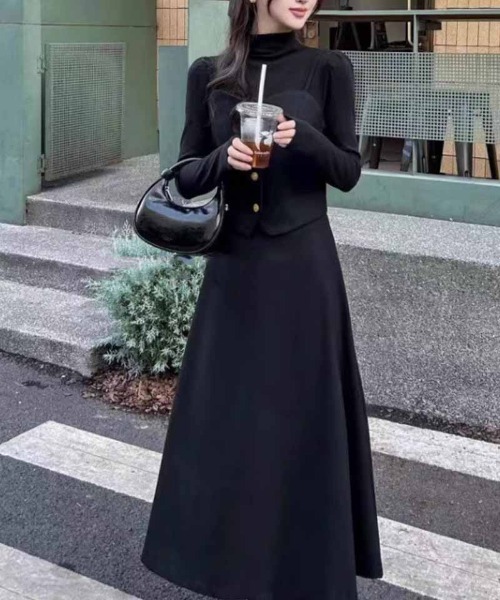 極美品Lサイズ相当　プリーツプリーズ　ロングワンピース　長袖　ラップ　レイヤード shoppinggo ワンピース ロングフレアワンピース 裏起毛 レイヤード風