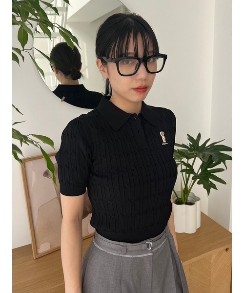 リリーブラウン　ポロシャツ 半袖 LILY BROWN（リリーブラウン） 半袖ニット FREE ネイビー レディース