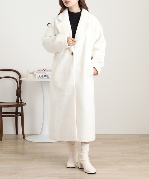 【早い者勝ち！】ok.soon チェスターコート　スカーフ付き　アイボリー OMNES（オムネス） コート チェスターコート ニットシャギー袖タック