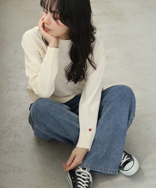 itto ニット セーター ハート刺繍ワンポイントニット レディース