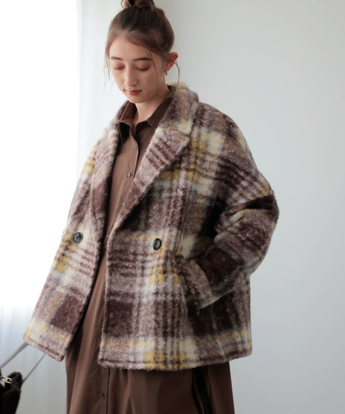 Jines ピーコート pコート ビッグチェックショートコート レディース