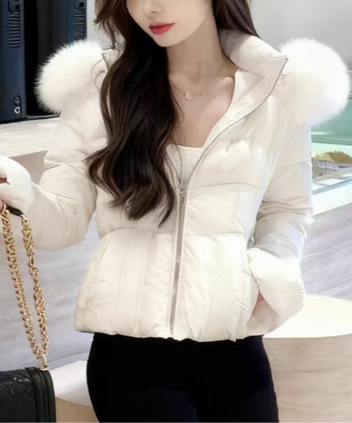 LUCPY コート アウター ファーフード付きショート丈中綿ダウンライク