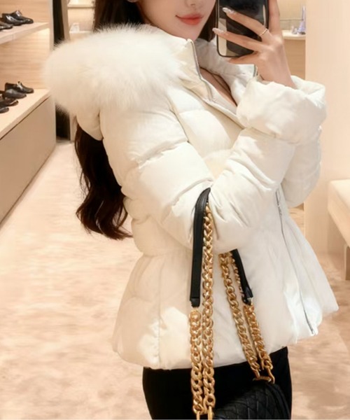 LUCPY コート アウター ファーフード付きショート丈中綿ダウンライク