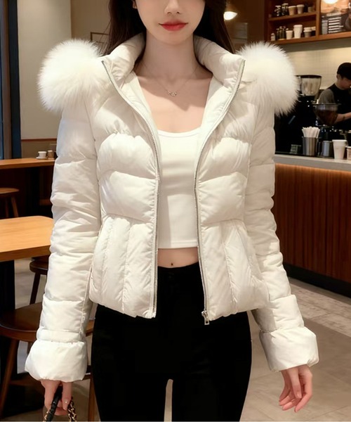 LUCPY コート アウター ファーフード付きショート丈中綿ダウンライク