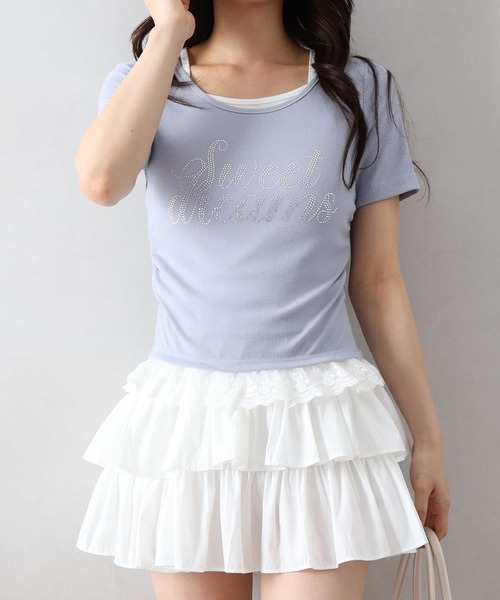 SpRay（スプレイ） tシャツ 半袖 ラインストーンレースレイヤード