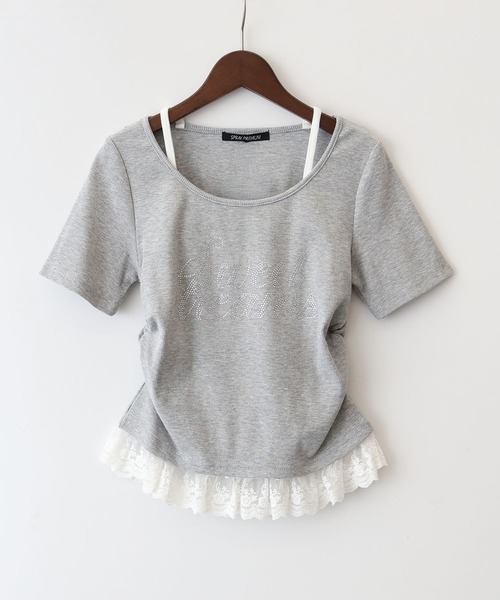 SpRay（スプレイ） tシャツ 半袖 ラインストーンレースレイヤード