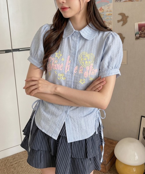 hooギンガムチェック シャーリング 半袖シャツ ブラウス シャツ 半袖 HOOK for girls サイドシャーリングチェック